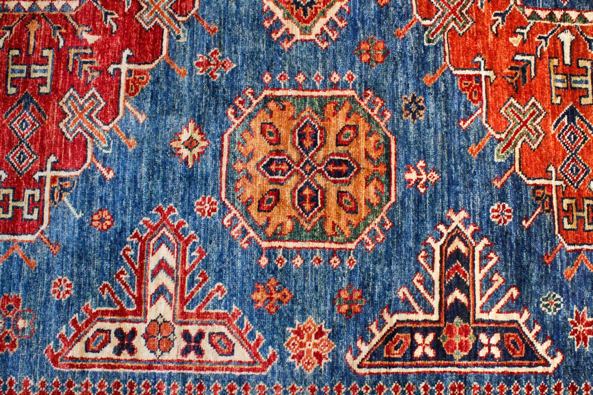 9x13 Light Blue and Navy Kazak Tribal Rug