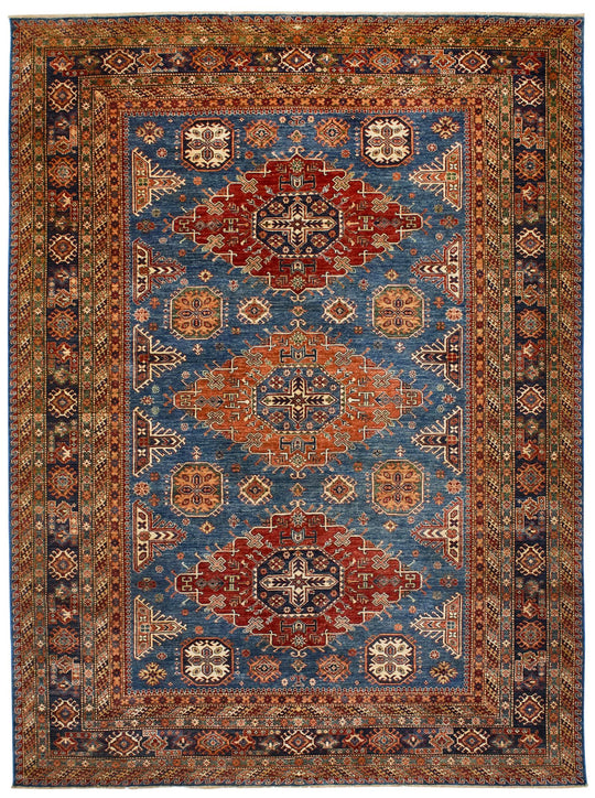 9x13 Light Blue and Navy Kazak Tribal Rug
