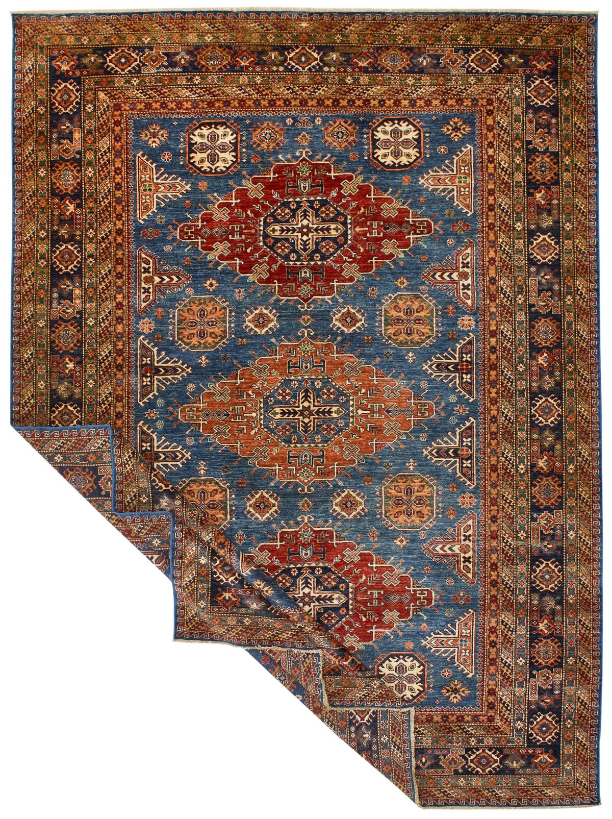 9x13 Light Blue and Navy Kazak Tribal Rug