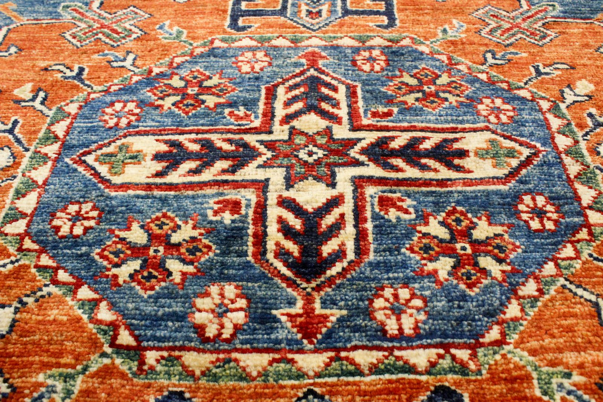 9x13 Light Blue and Navy Kazak Tribal Rug