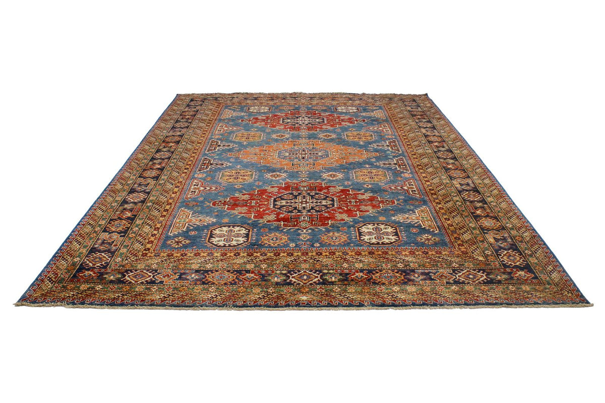 9x13 Light Blue and Navy Kazak Tribal Rug