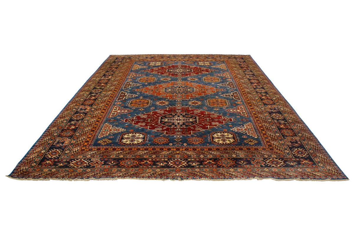 9x13 Light Blue and Navy Kazak Tribal Rug