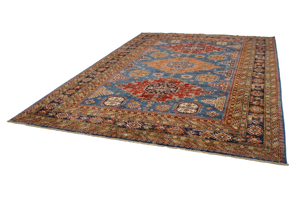9x13 Light Blue and Navy Kazak Tribal Rug