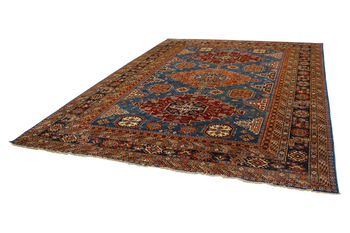 9x13 Light Blue and Navy Kazak Tribal Rug