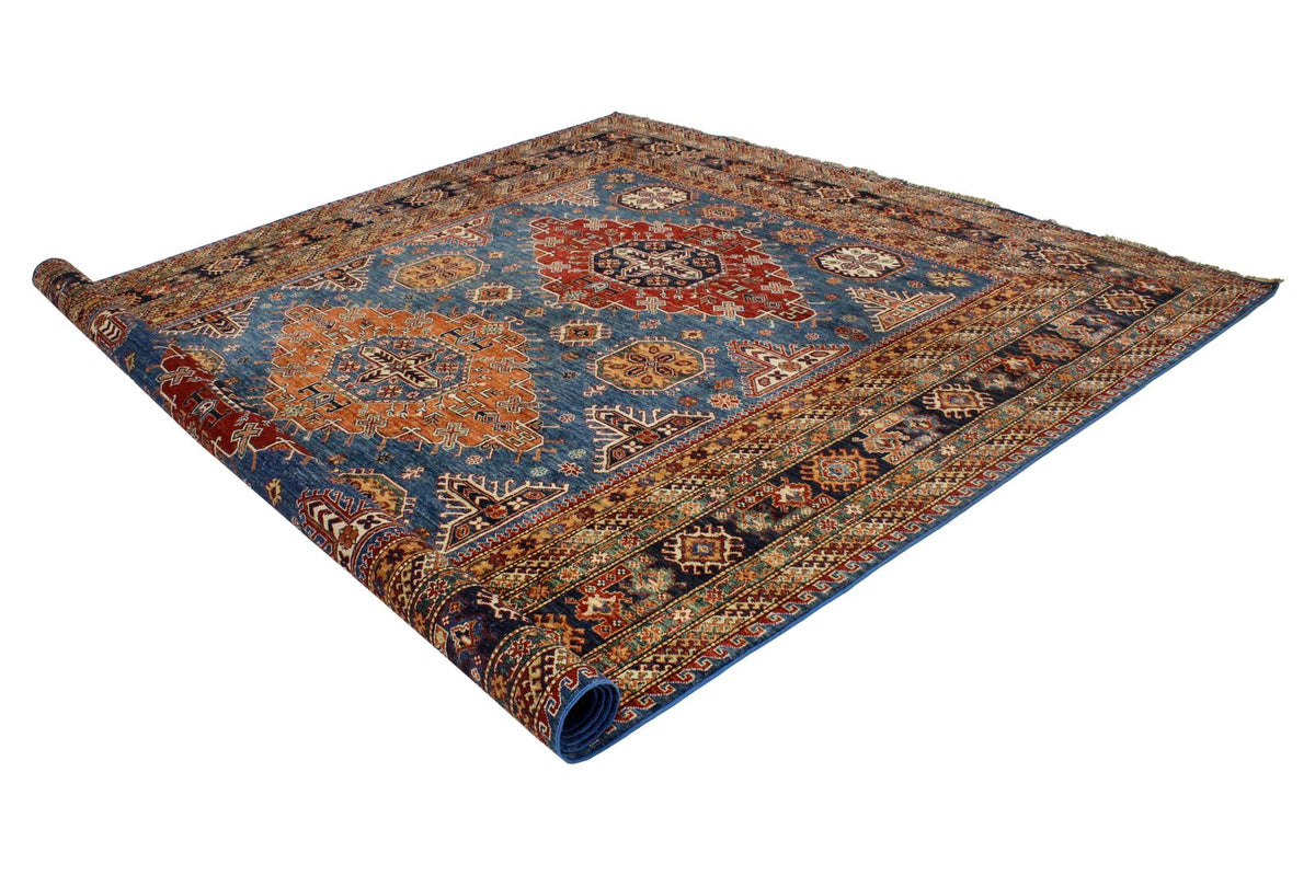9x13 Light Blue and Navy Kazak Tribal Rug