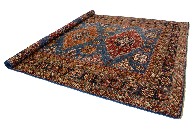 9x13 Light Blue and Navy Kazak Tribal Rug