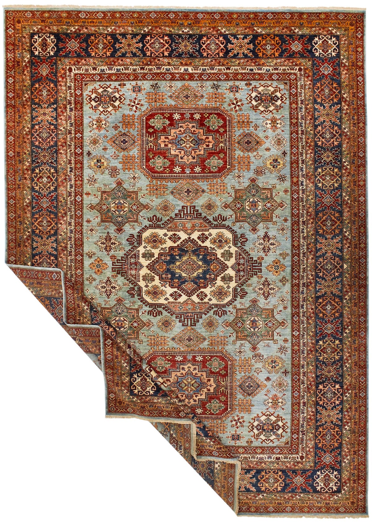 10x14 Light Blue and Navy Kazak Tribal Rug