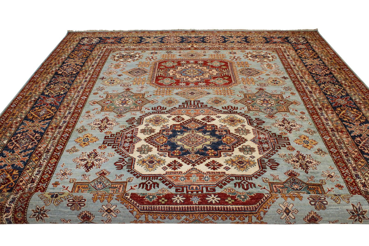 10x14 Light Blue and Navy Kazak Tribal Rug