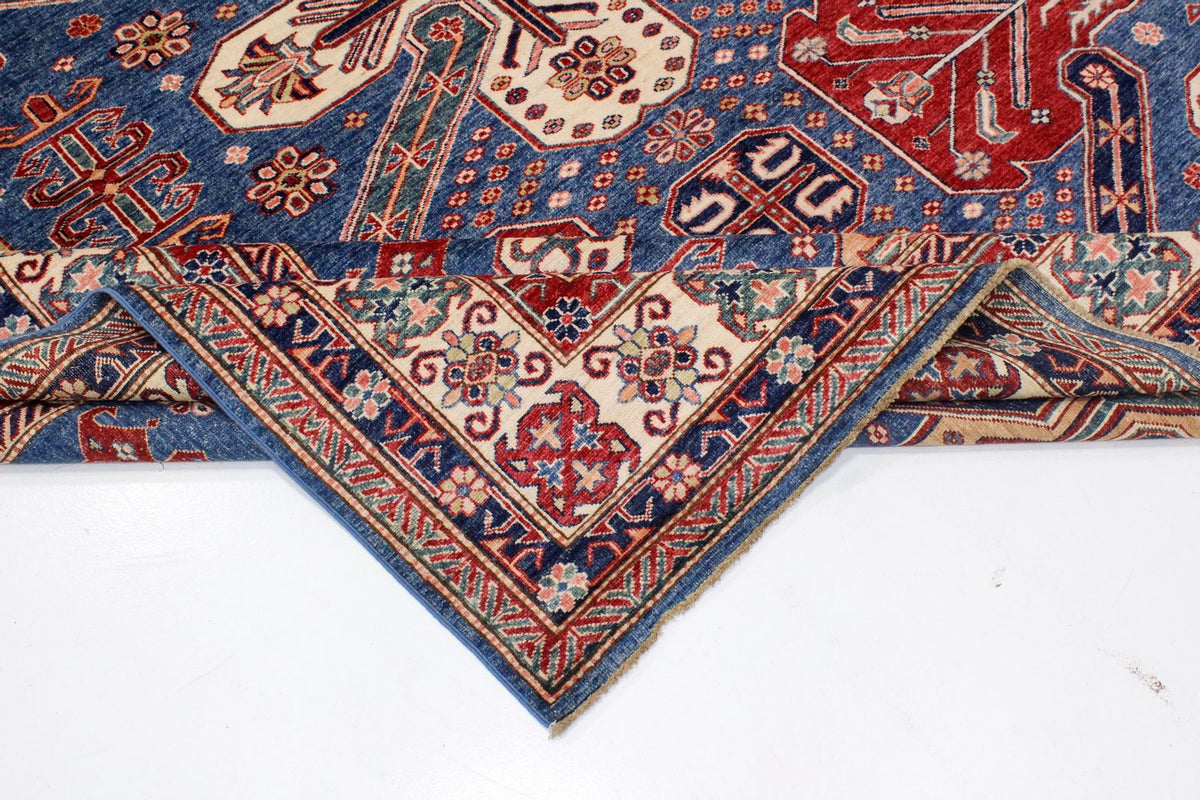 8x10 Blue and Ivory Kazak Tribal Rug