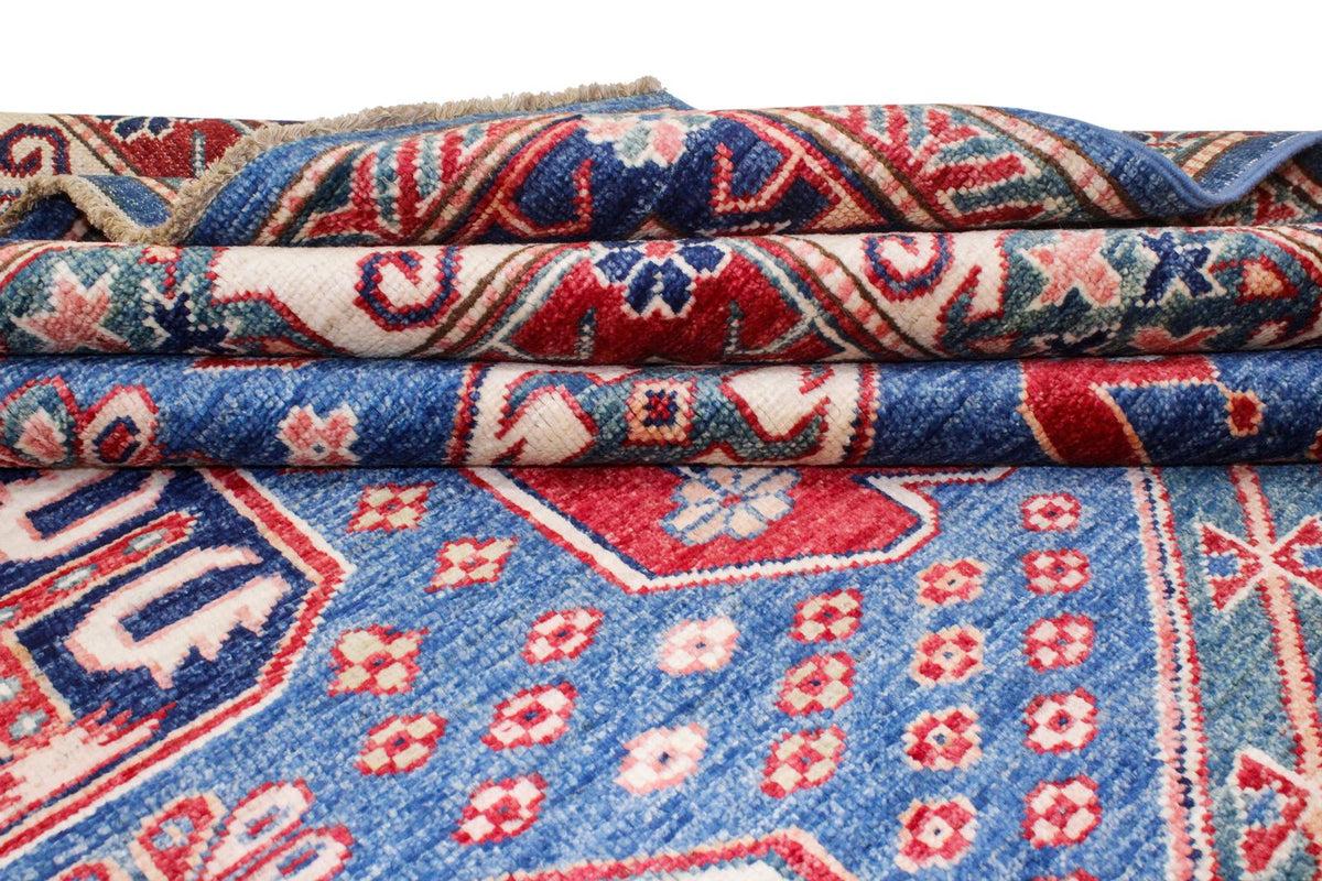 8x10 Blue and Ivory Kazak Tribal Rug