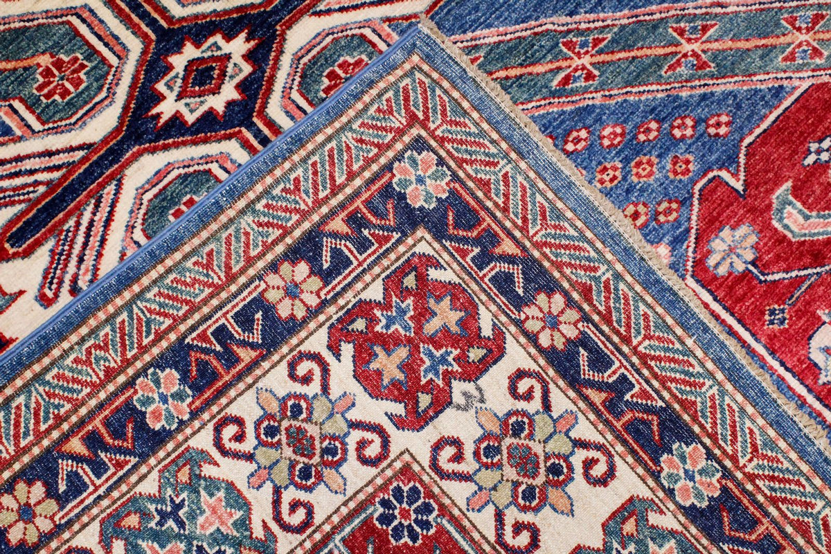 8x10 Blue and Ivory Kazak Tribal Rug