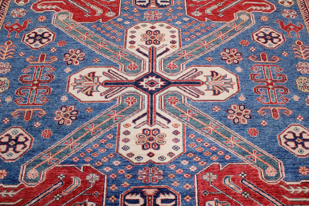 8x10 Blue and Ivory Kazak Tribal Rug