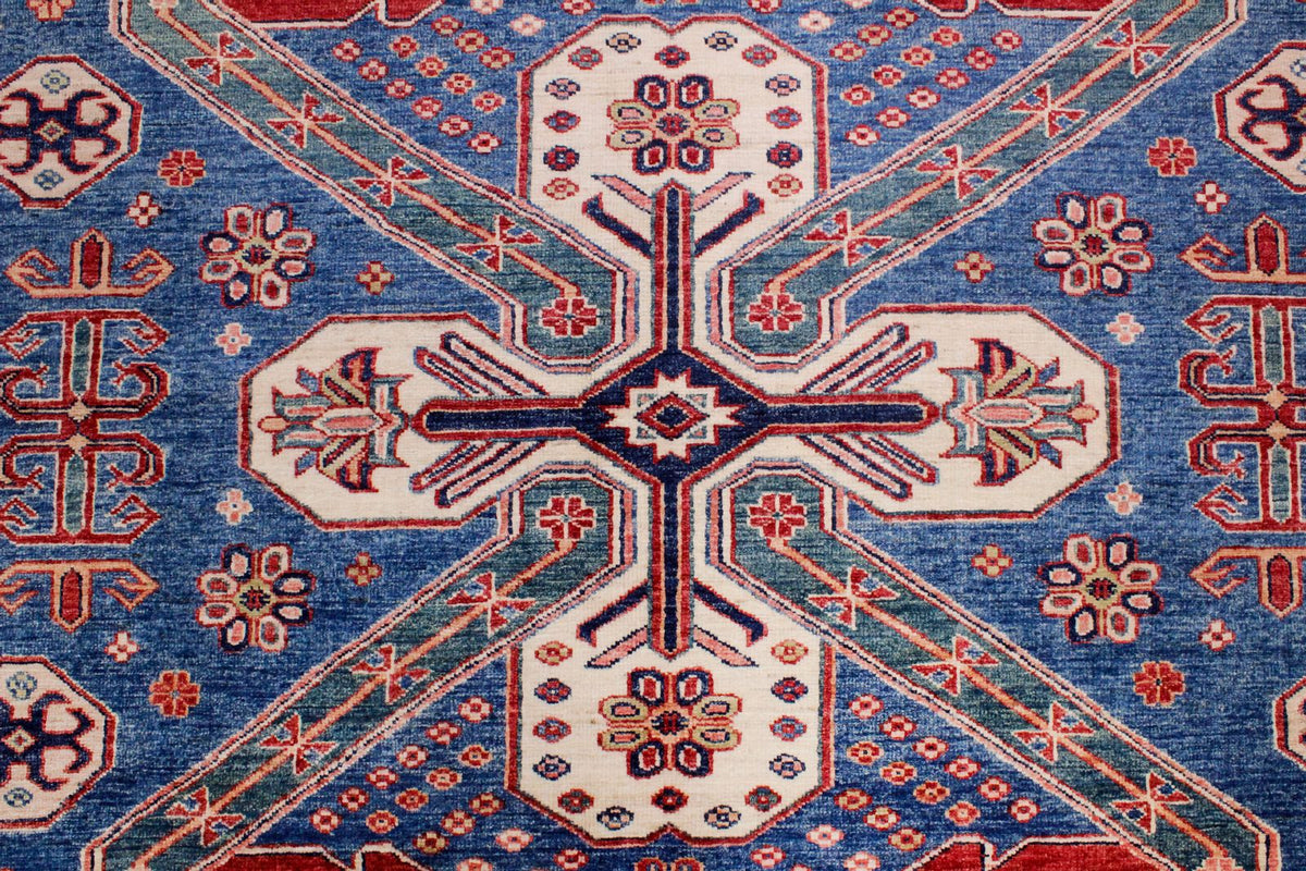 8x10 Blue and Ivory Kazak Tribal Rug