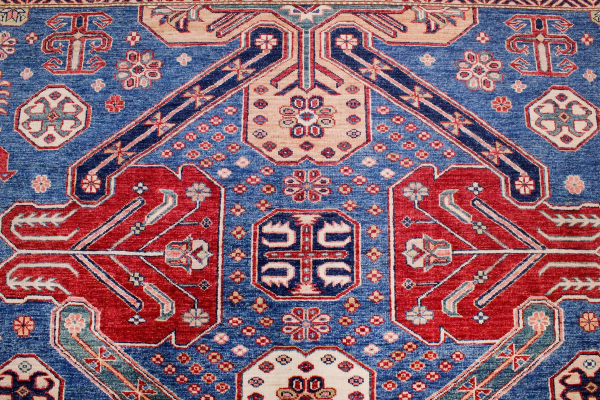 8x10 Blue and Ivory Kazak Tribal Rug