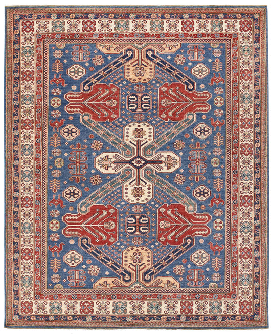 8x10 Blue and Ivory Kazak Tribal Rug