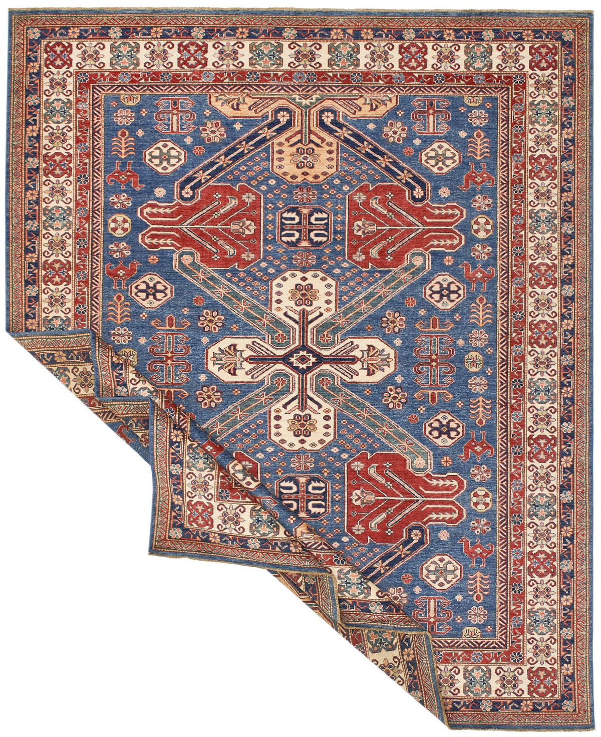 8x10 Blue and Ivory Kazak Tribal Rug