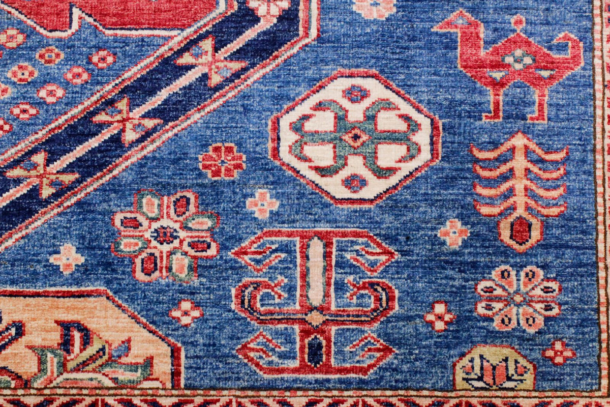 8x10 Blue and Ivory Kazak Tribal Rug