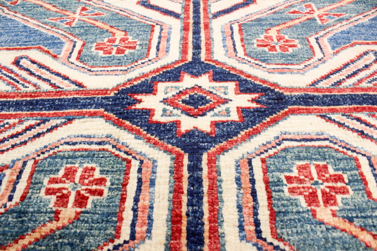 8x10 Blue and Ivory Kazak Tribal Rug