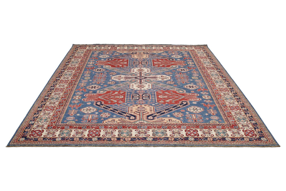 8x10 Blue and Ivory Kazak Tribal Rug
