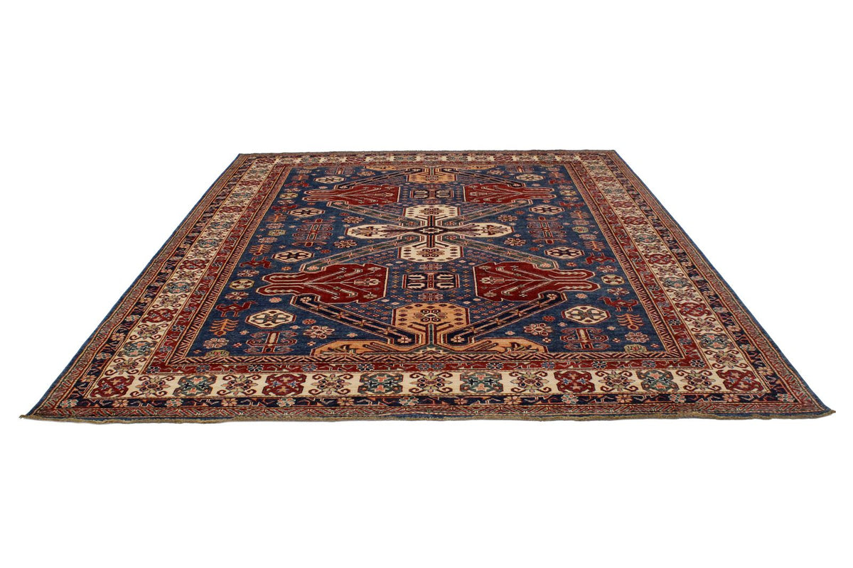 8x10 Blue and Ivory Kazak Tribal Rug