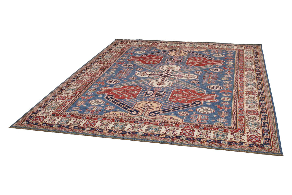 8x10 Blue and Ivory Kazak Tribal Rug