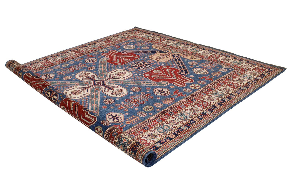 8x10 Blue and Ivory Kazak Tribal Rug