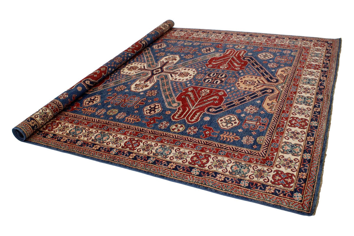 8x10 Blue and Ivory Kazak Tribal Rug