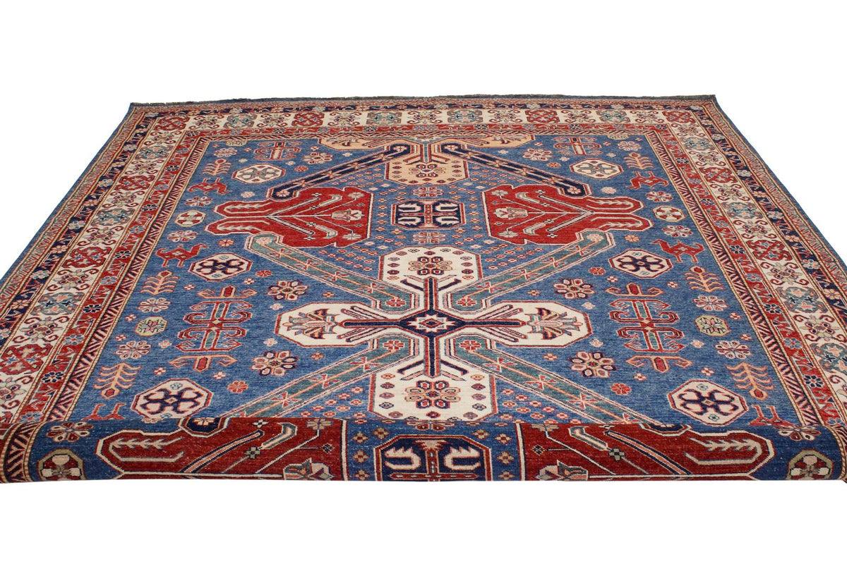 8x10 Blue and Ivory Kazak Tribal Rug