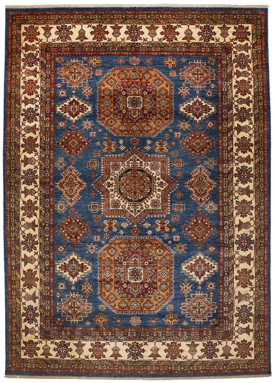 9x12 Light Blue and Ivory Kazak Tribal Rug