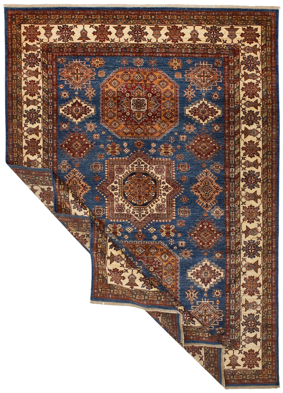 9x12 Light Blue and Ivory Kazak Tribal Rug
