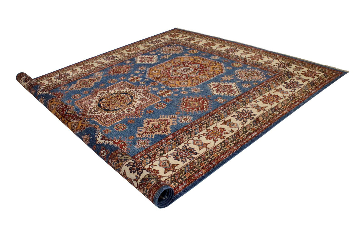 9x12 Light Blue and Ivory Kazak Tribal Rug