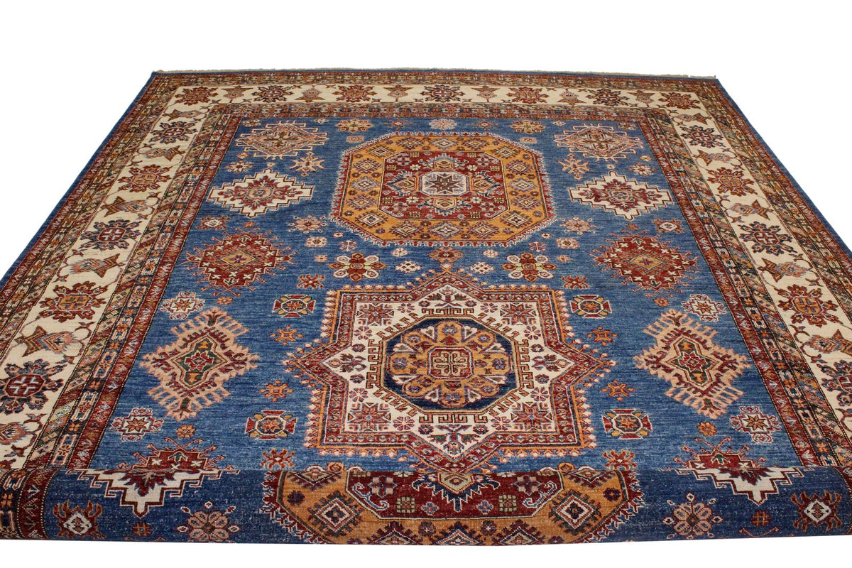 9x12 Light Blue and Ivory Kazak Tribal Rug
