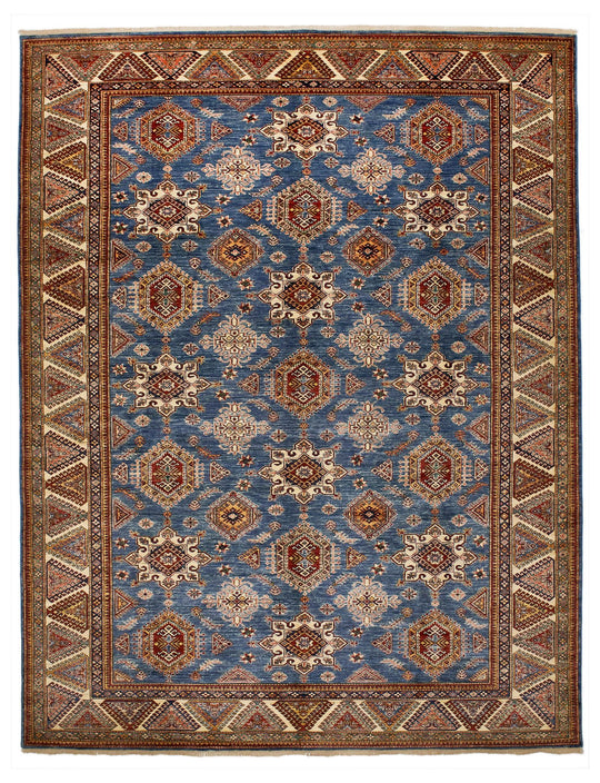 9x11 Light Blue and Ivory Kazak Tribal Rug