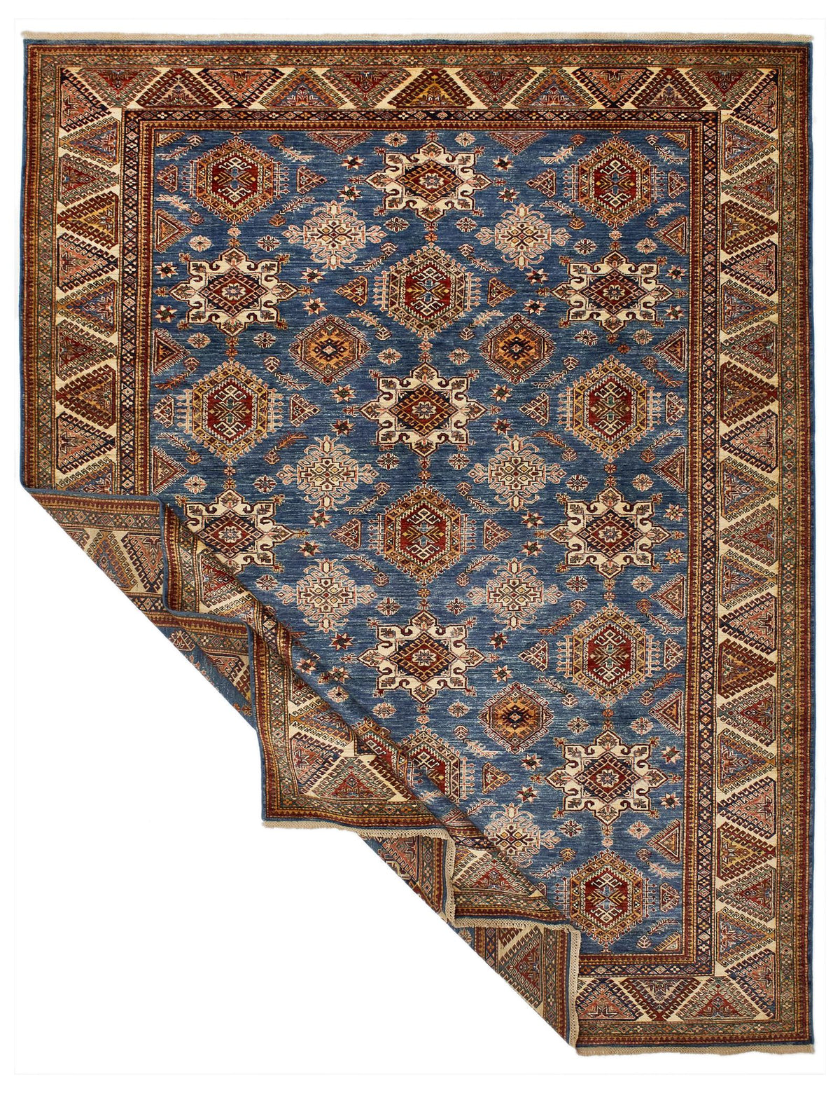 9x11 Light Blue and Ivory Kazak Tribal Rug