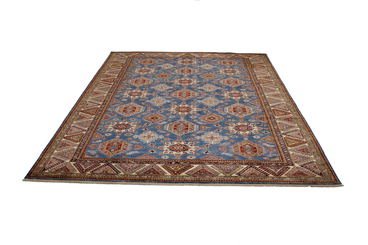 9x11 Light Blue and Ivory Kazak Tribal Rug