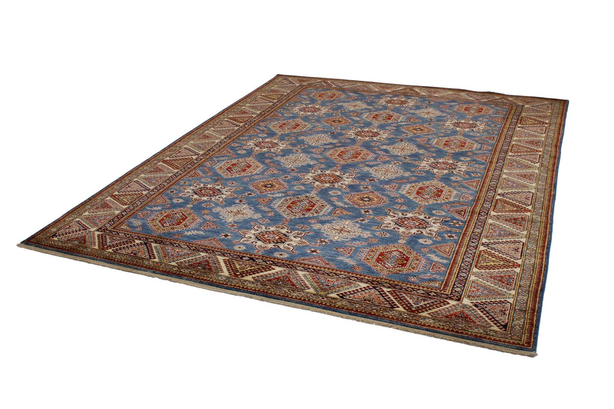 9x11 Light Blue and Ivory Kazak Tribal Rug