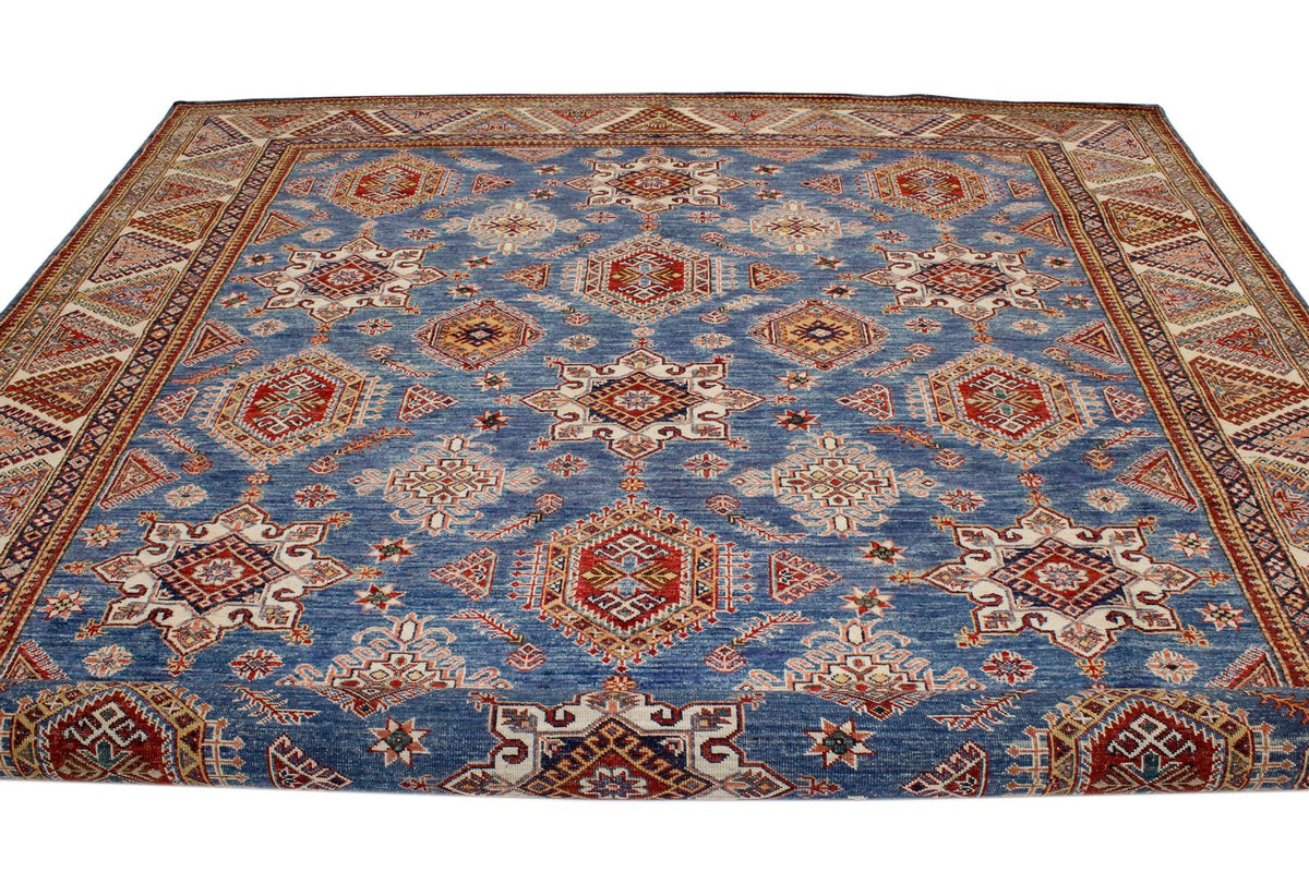 9x11 Light Blue and Ivory Kazak Tribal Rug