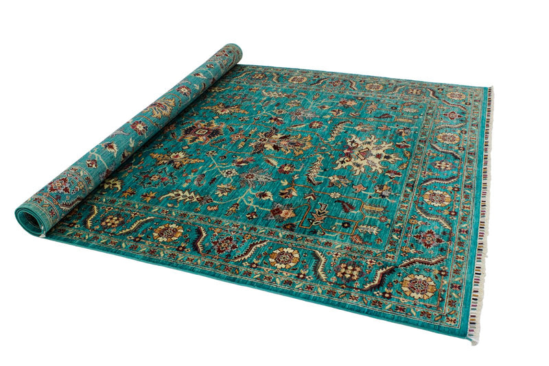 7x10 Turquoise and Multicolor Turkish Tribal Rug