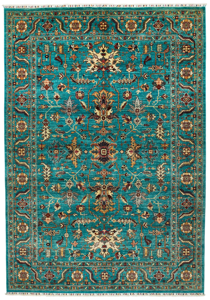 7x10 Turquoise and Multicolor Turkish Tribal Rug