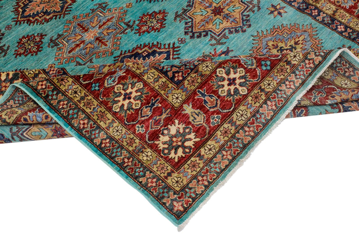 7x10 Turquoise and Red Kazak Tribal Rug