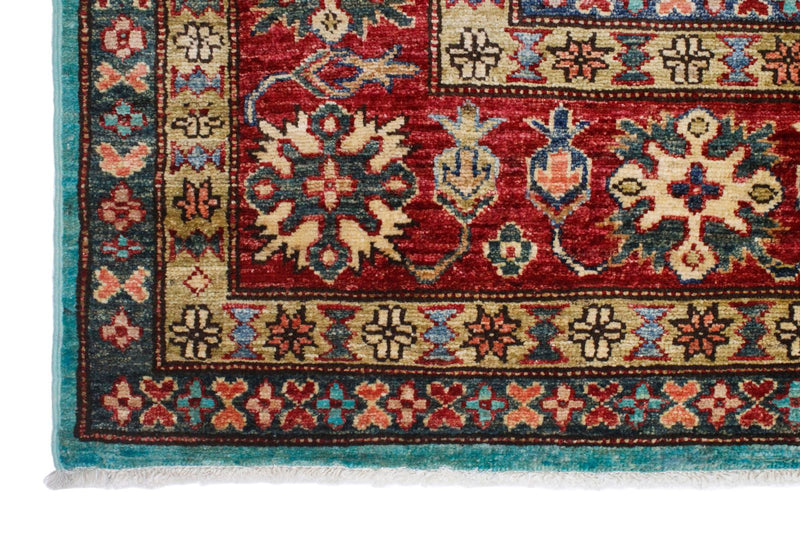 7x10 Turquoise and Red Kazak Tribal Rug