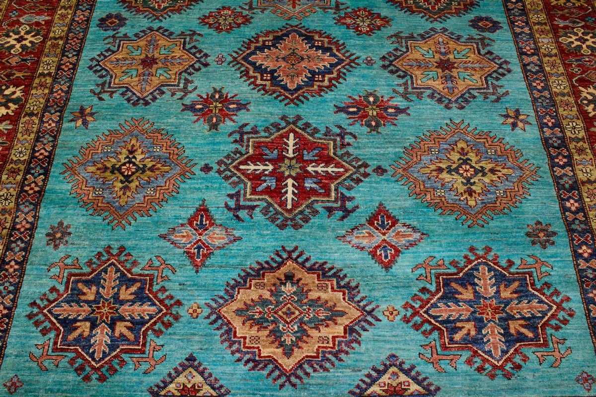 7x10 Turquoise and Red Kazak Tribal Rug
