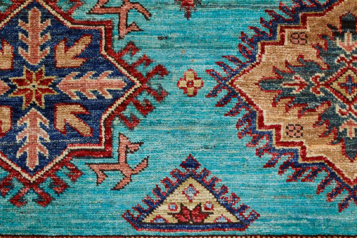 7x10 Turquoise and Red Kazak Tribal Rug