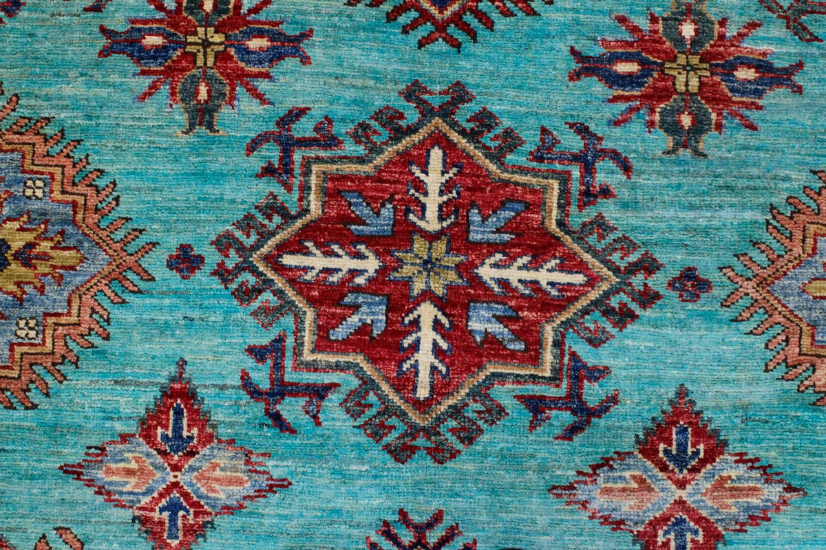 7x10 Turquoise and Red Kazak Tribal Rug