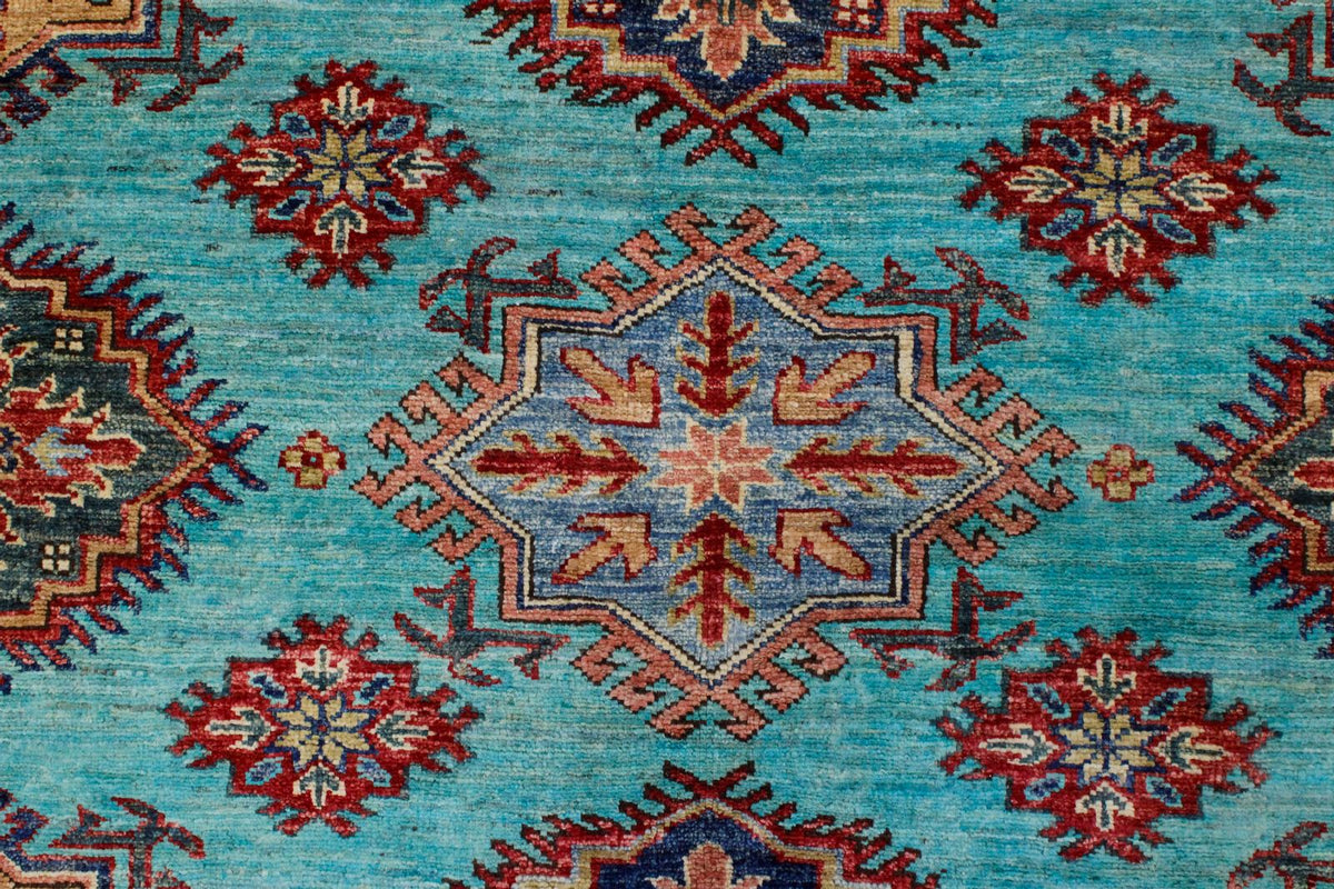 7x10 Turquoise and Red Kazak Tribal Rug