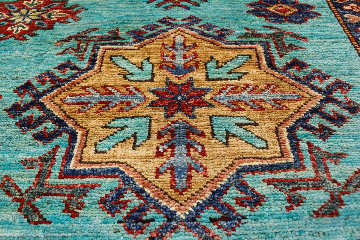 7x10 Turquoise and Red Kazak Tribal Rug