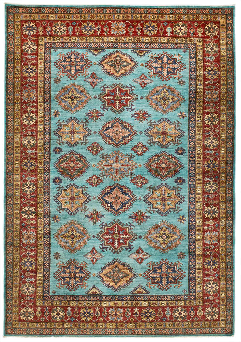 7x10 Turquoise and Red Kazak Tribal Rug