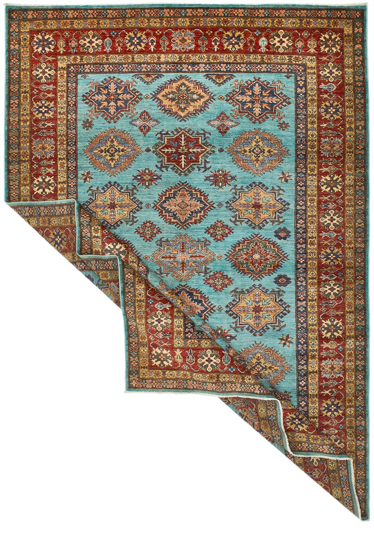 7x10 Turquoise and Red Kazak Tribal Rug