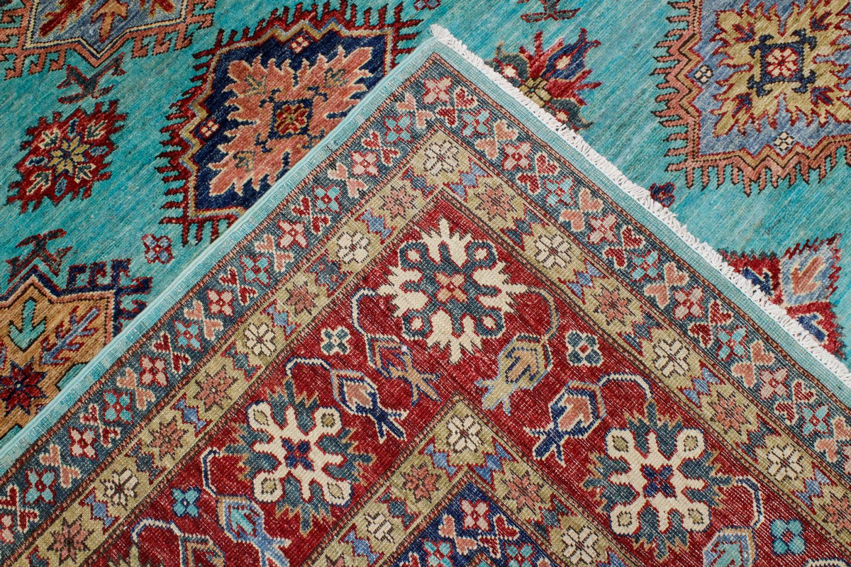 7x10 Turquoise and Red Kazak Tribal Rug