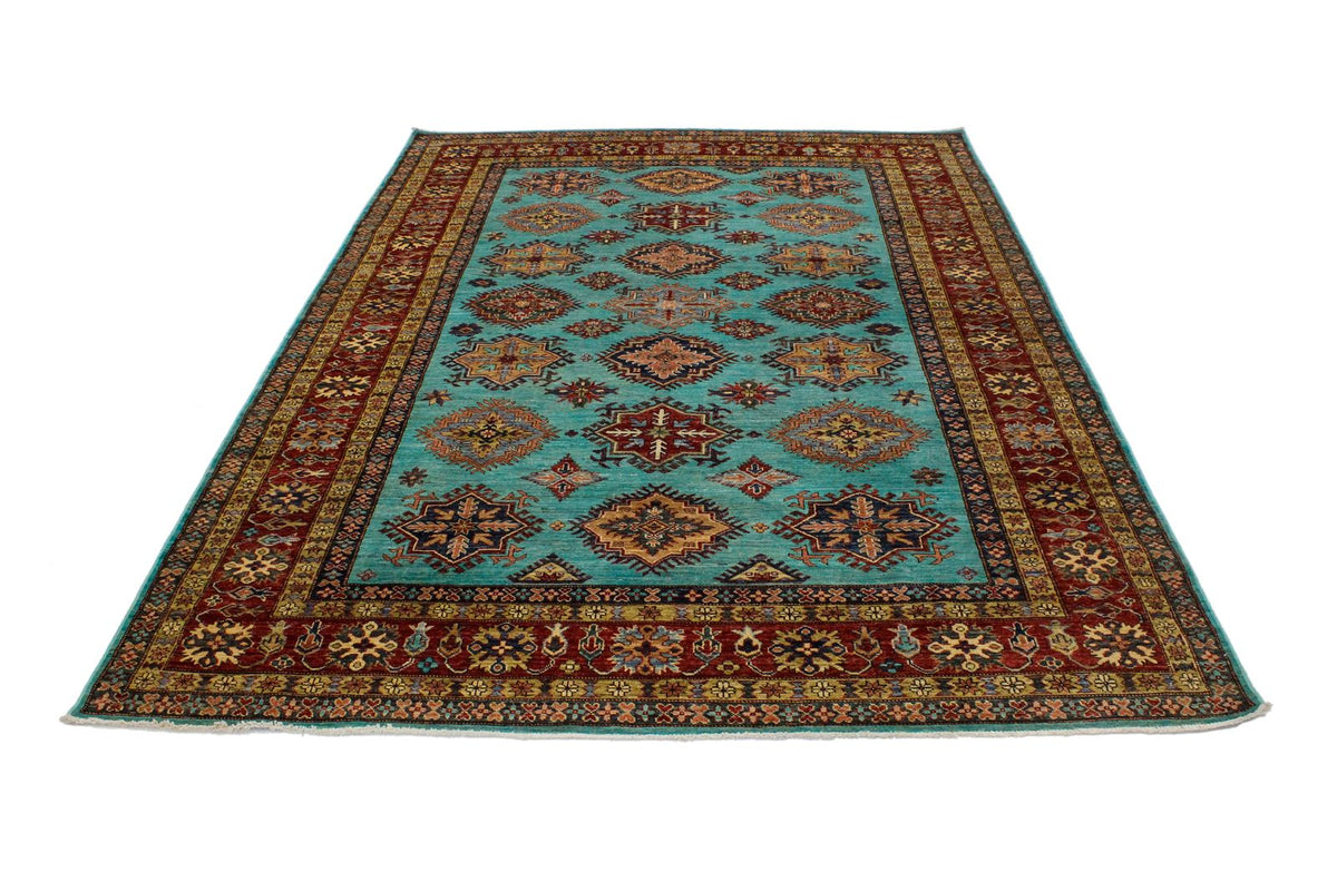 7x10 Turquoise and Red Kazak Tribal Rug